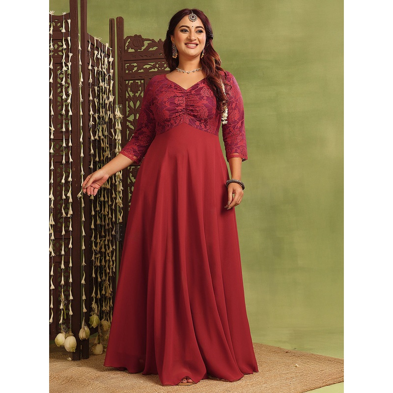 Women’s Brick Red Sweetheart-Neck Three-Quarters Sleeve Self-Design Fit & Flare Maxi Dress XS Red