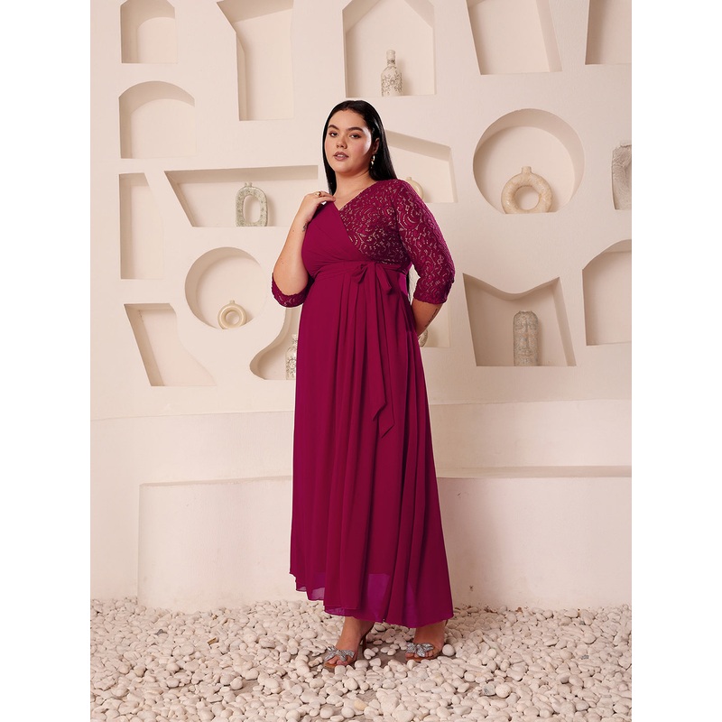 Women’s Dark Pink Colored V-Neck Three-Quarter Sleeve Self-Designed Wrap Maxi Georgette Dress XS Dark Pink