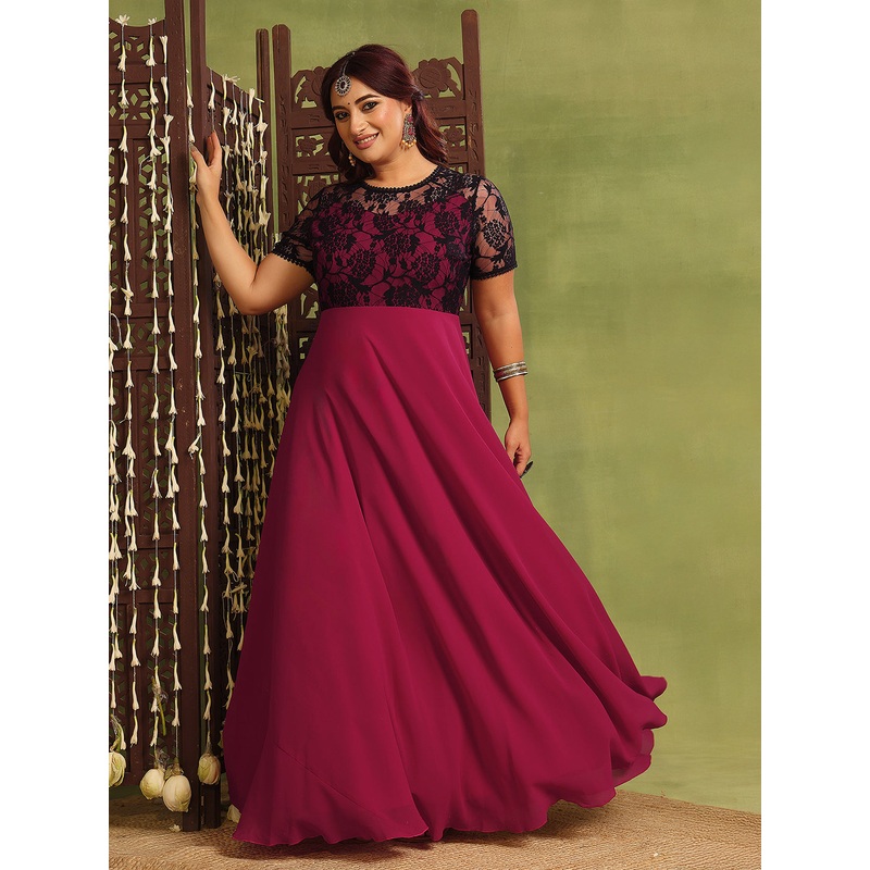 Women’s Dark Pink Georgette Short-Sleeved Self-Design Lace-Overlaid Maxi Dress XS Pink