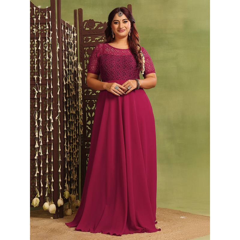 Women’s Dark Pink Half Sleeve Solid Lace-Overlaid Maxi Dress XS Dark Pink