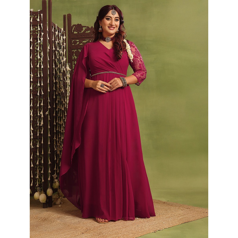 Women’s Dark Pink V-Neck Asymmetric Self-Design Georgette Maxi Dress XS Pink