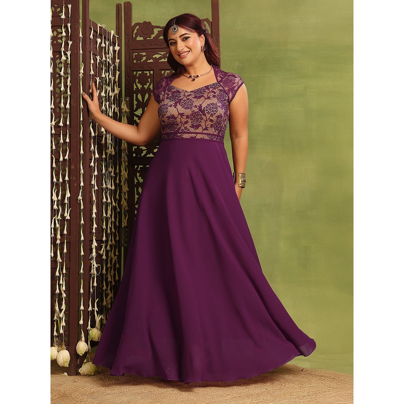 Women’s Dark Purple Sweet-Heart Neck Cap-Sleeve Floral Fit & Flare Georgette Maxi Dress XS Purple