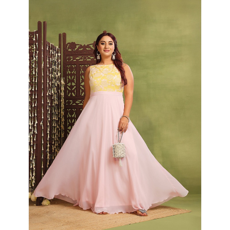 Women’s Dusty Pink Boat Neck Sleeveless Self-Design Lace-Overlaid Georgette Maxi Dress XS Pink