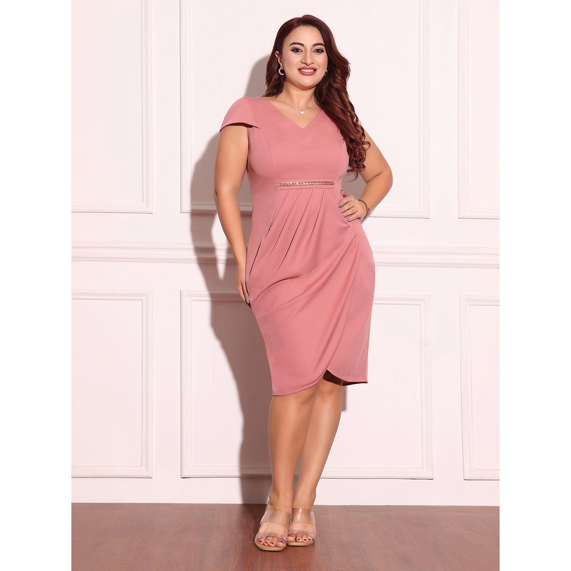 Women’s Dusty Pink V-Neck Cap-Sleeves Solid Wrapped  Knee-Long Dress XS Pink