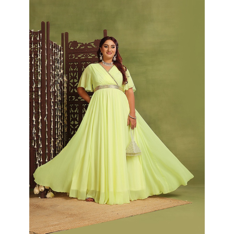Women’s Lemon Yellow V-Neck Flared-Sleeves Solid Georgette Fit & Flare Maxi Dress XS Yellow