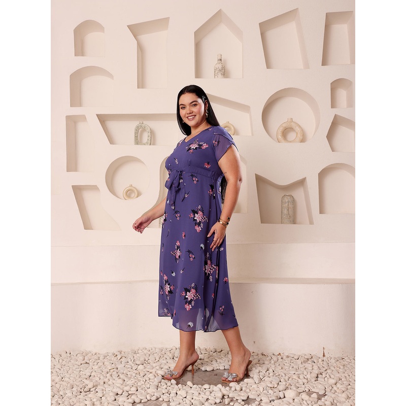 Women’s Multicolored Base Lavender V-Neck Short-Sleevedd Floral Pleated Midi Dress XS Purple