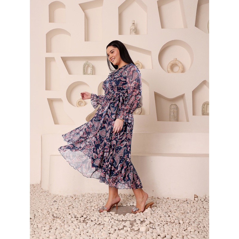 Women’s Multicolored-Base-Navy Blue V-Neck Full Sleeves  Relaxed-Fit Midi Length Dress XS Navy Blue