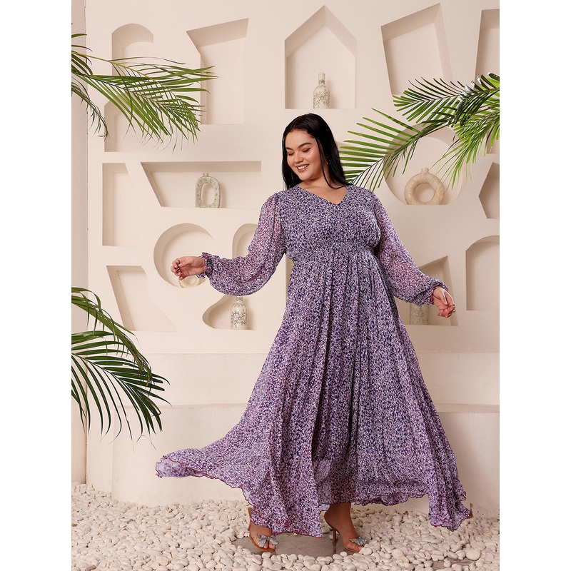 Women’s Multicolored-Base-Purple V-Neck Bishop Sleeve Floral Gathered Chiffon Maxi Dress XS Purple