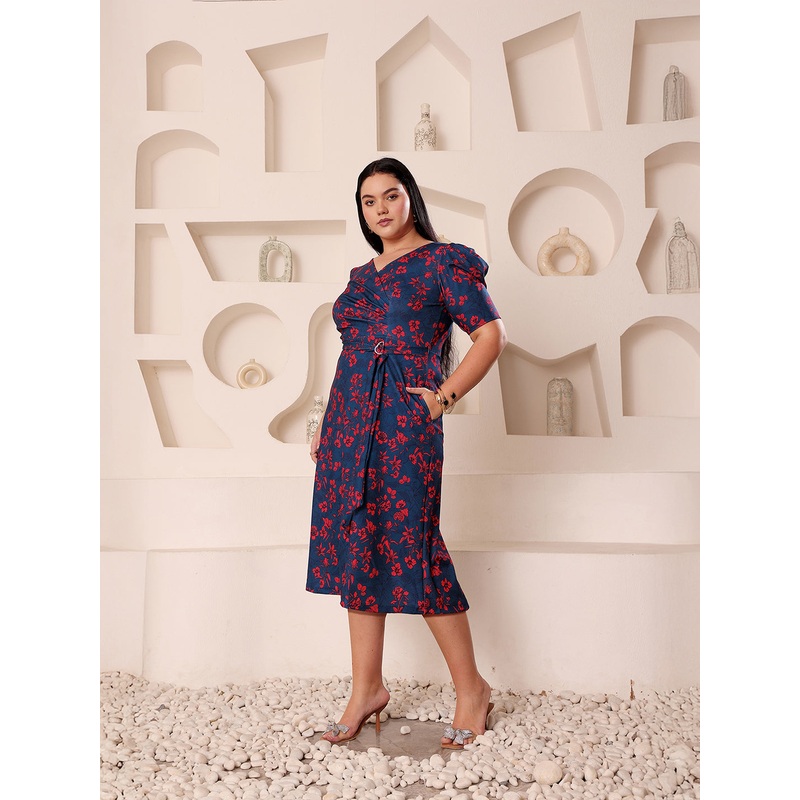 Women’s Multicolored-Base-Teal V-neck Puff-Sleeves Floral Wrap Midi Dress XS Multicolored