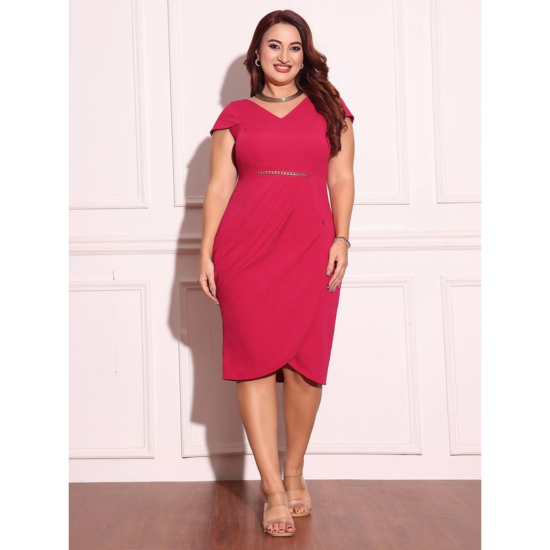 Women’s Pink Solid V-Neck Cap-Sleeves  Side-Pocketed  Knee-Length Dress XS Pink