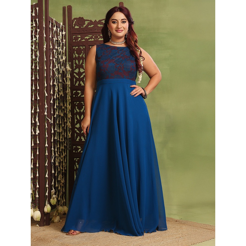 Women’s Royal Blue Sleeveless Georgette Floral Lace Fit & Flare Maxi Dress XS Blue