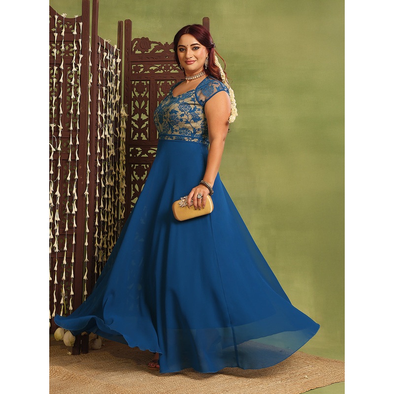 Women’s Royal Blue Sweet-Heart Neck Cap-Sleeve Floral Fit & Flare Georgette Maxi Dress XS Blue