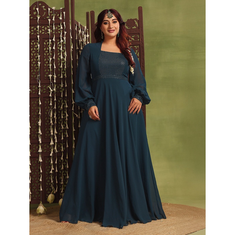 Women’s Teal Mandarin-Collar Bishop Sleeve Embellished Panelled Georgette Maxi Dress XS Teal