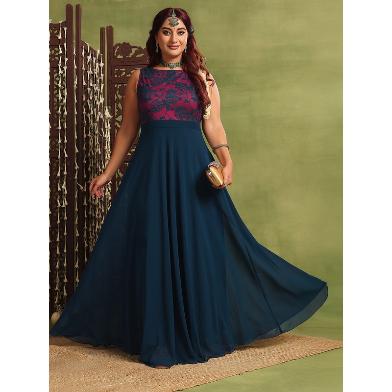 Women’s Teal Sleeveless Georgette & Lace Floral Fit & Flare Maxi Dress XS Teal