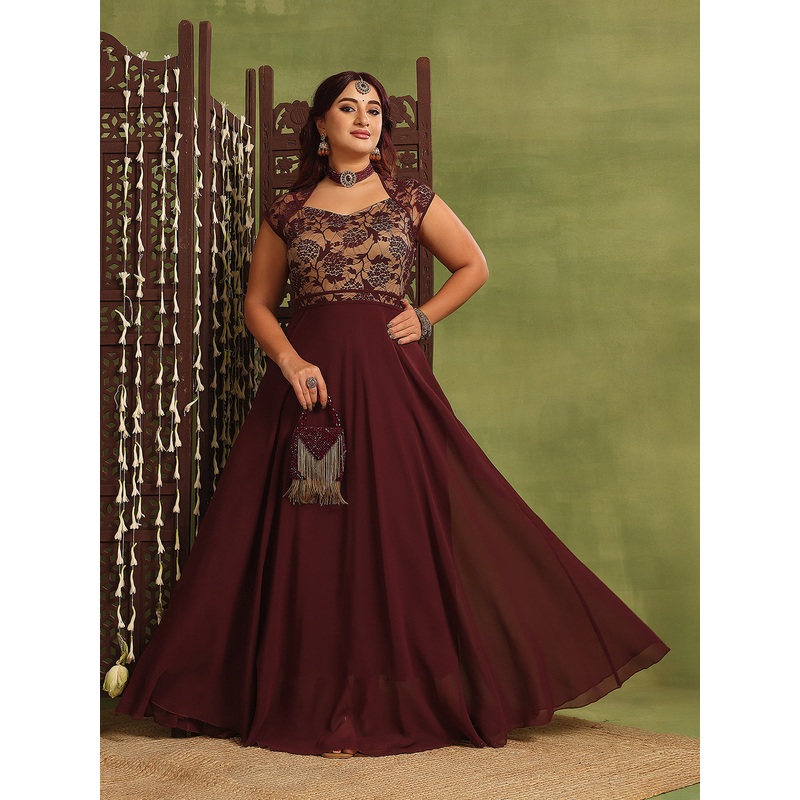 Women’s Wine & Beige Floral V-Neck Cap-Sleeves Lace-Overlaid Fit & Flare Paneled Maxi Dress XS Maroon