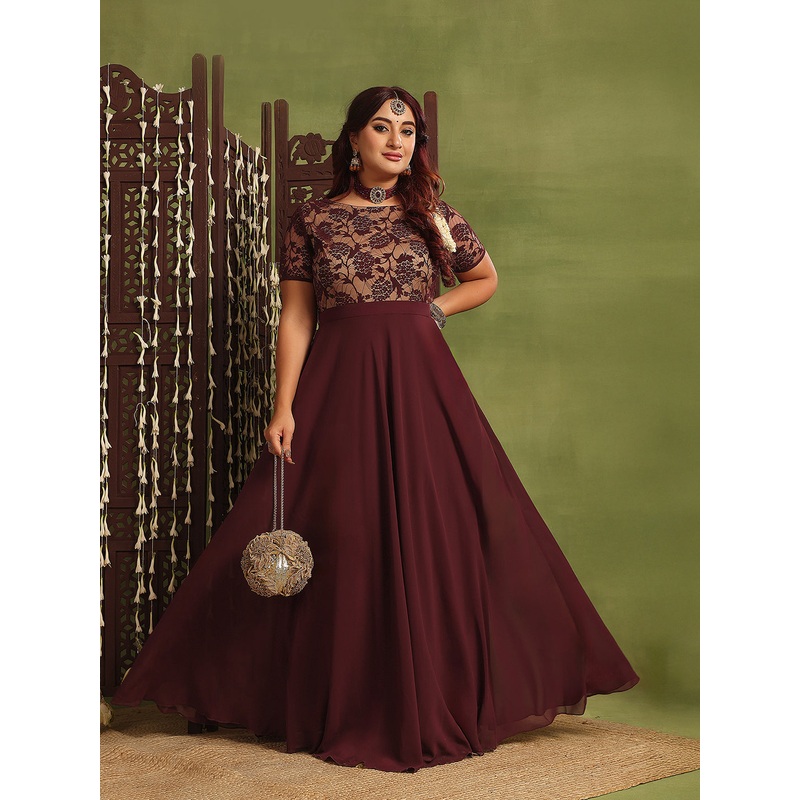 Women’s Wine & Beige Relaxed-Fit Georgette Dress 2XS Wine