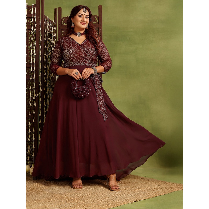 Women’s Wine V-Neck Three-Quarters Sleeve Floral Wrap Georgette Maxi Dress XS Wine