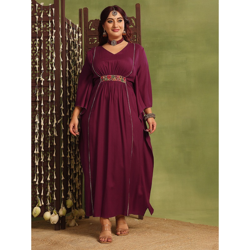 Women’s Wine V-Neck Three-Quarters Sleeve Solid Viscose Rayon Maxi Kaftan Dress XS Wine