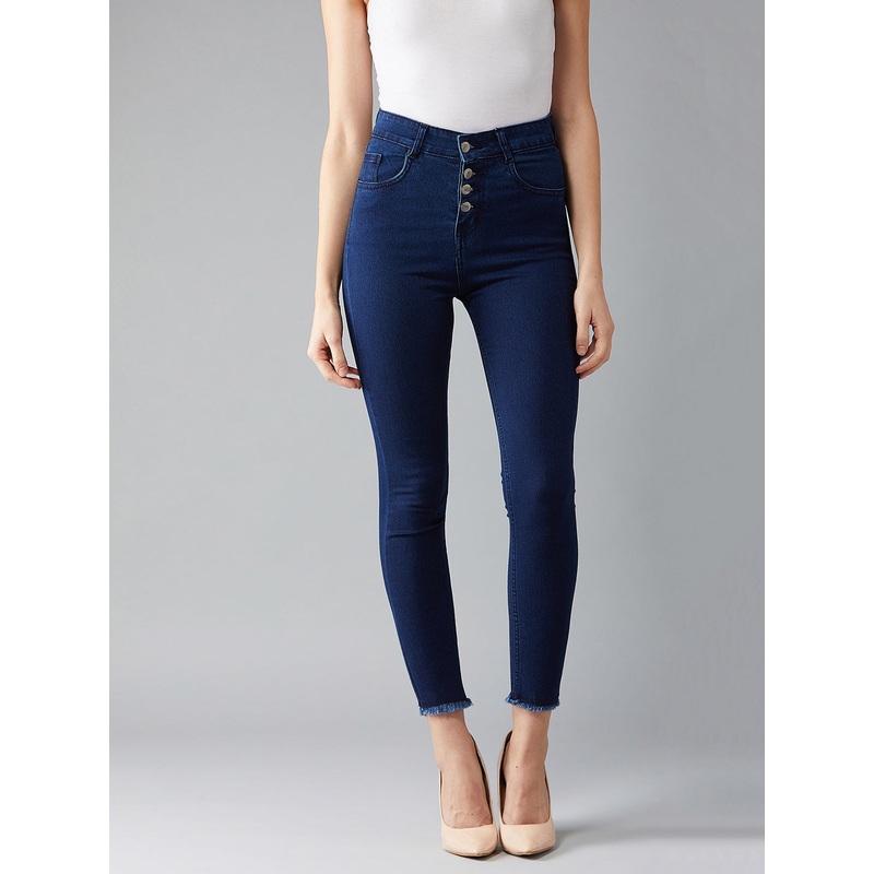 24/7 Comfort Navy-Blue Skinny High-Rise Fringed Hemline Cropped Stretchable Denim Jeans 26 Navy Blue