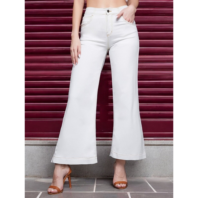 24/7 Comfort White Flared Mid-Rise Clean-Look Ankle length Stretchable Denim Jeans 26 White