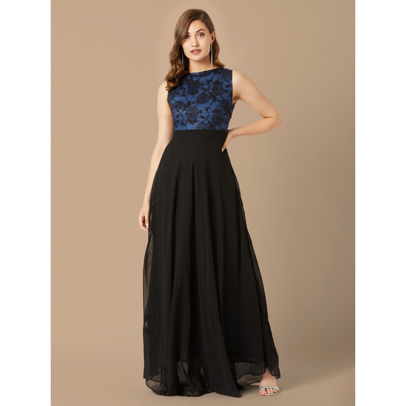 Black & Blue Sleeveless Fit and Flare Lace Dress for Women XS Black