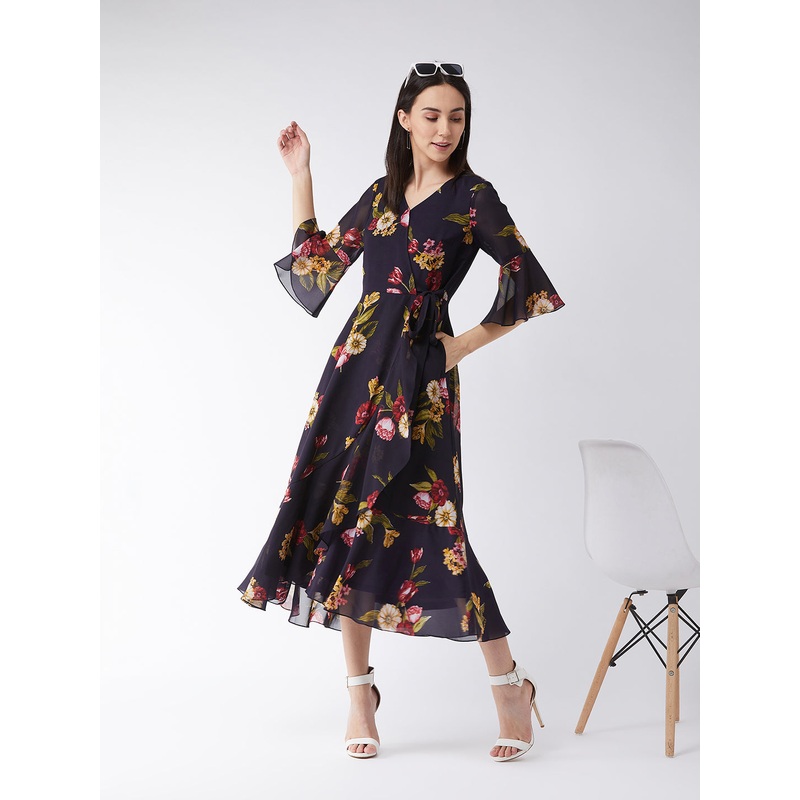 Black Floral Printed Bell Sleeves Maxi Dress for Women XS Multicolored