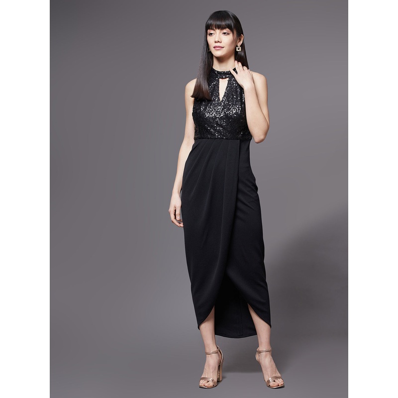 Crease Ease Women’s Black Halter Neck Sleeveless Sequined Party Midi Dress XS Black