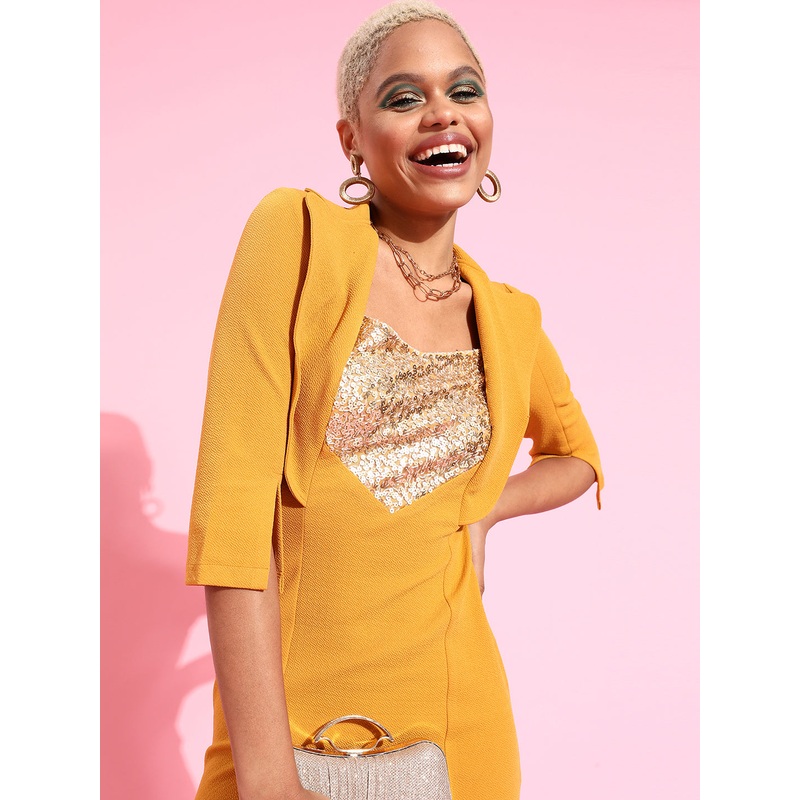 Crease Ease Women’s Mustard & Golden Solid Sequin Paneled Blazer dress Midi Dress XS Mustard