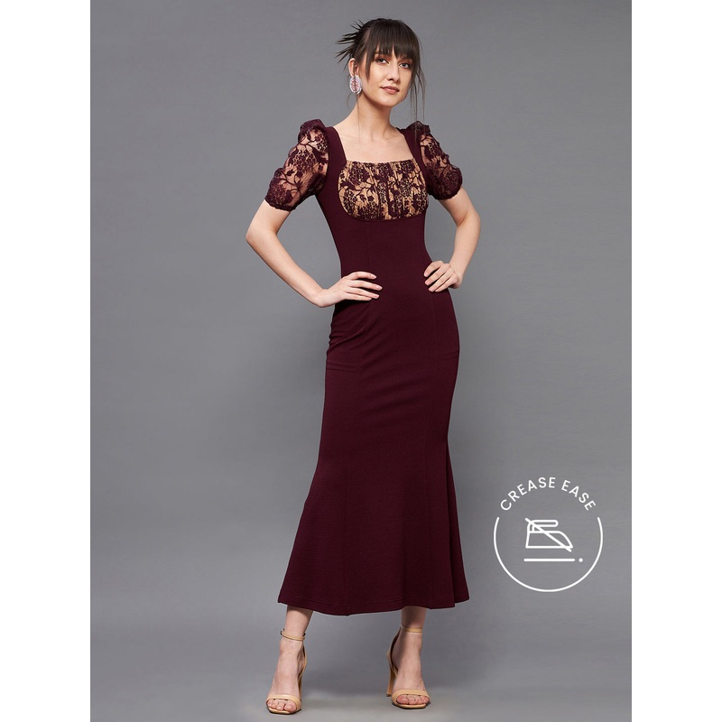 Crease Ease Women’s Wine Square Neck Short Puff Sleeve Lace Bodycon Midi Dress XXS Wine