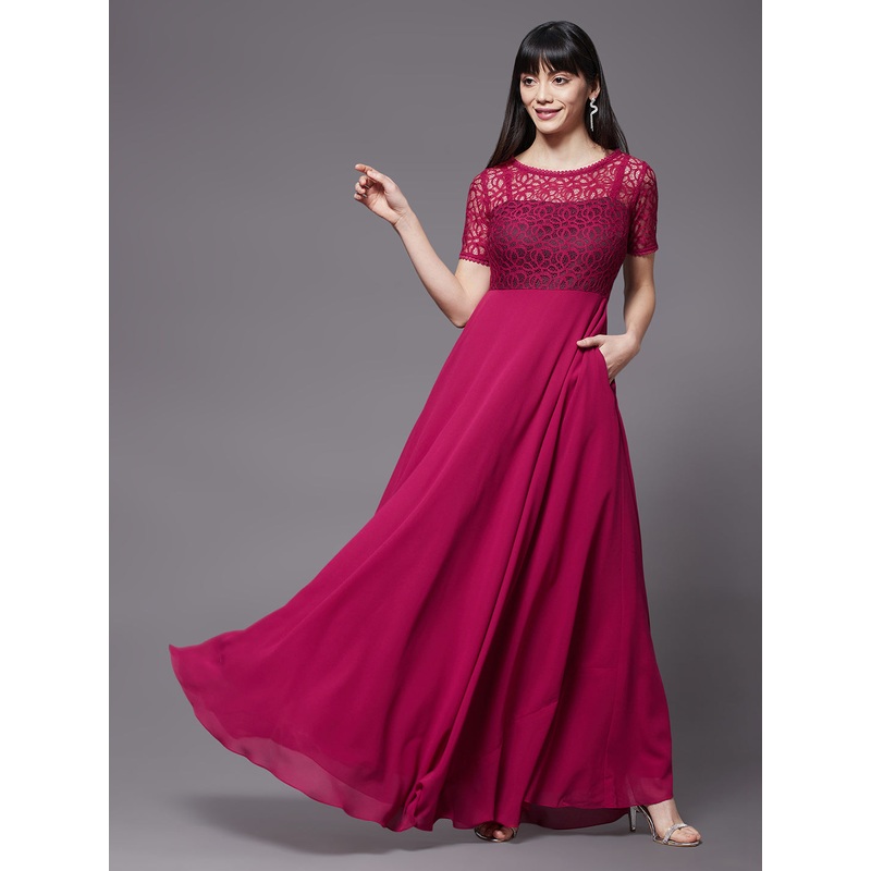 Dark Pink Short Sleeves Lace Fit and Flare Maxi Dress for Women XS Dark Pink