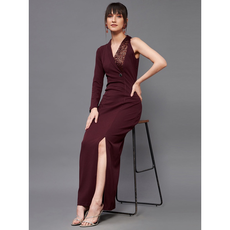 Wine Asymmetric Sequinned Blazer Maxi Dress for Women XS Wine