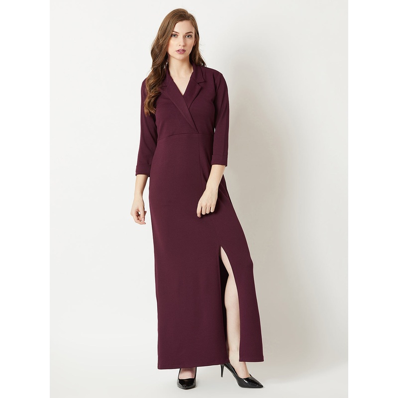 Wine Full Sleeves Collared Solid Maxi Dress for Women XS Maroon