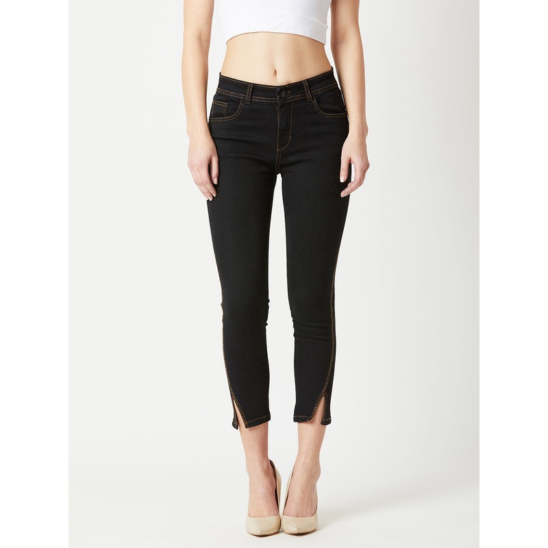 Women’s Black Embellished Skinny High-Rise Side-Slit Solid Cropped-Length Stretchable Denim Jeans 26 Black