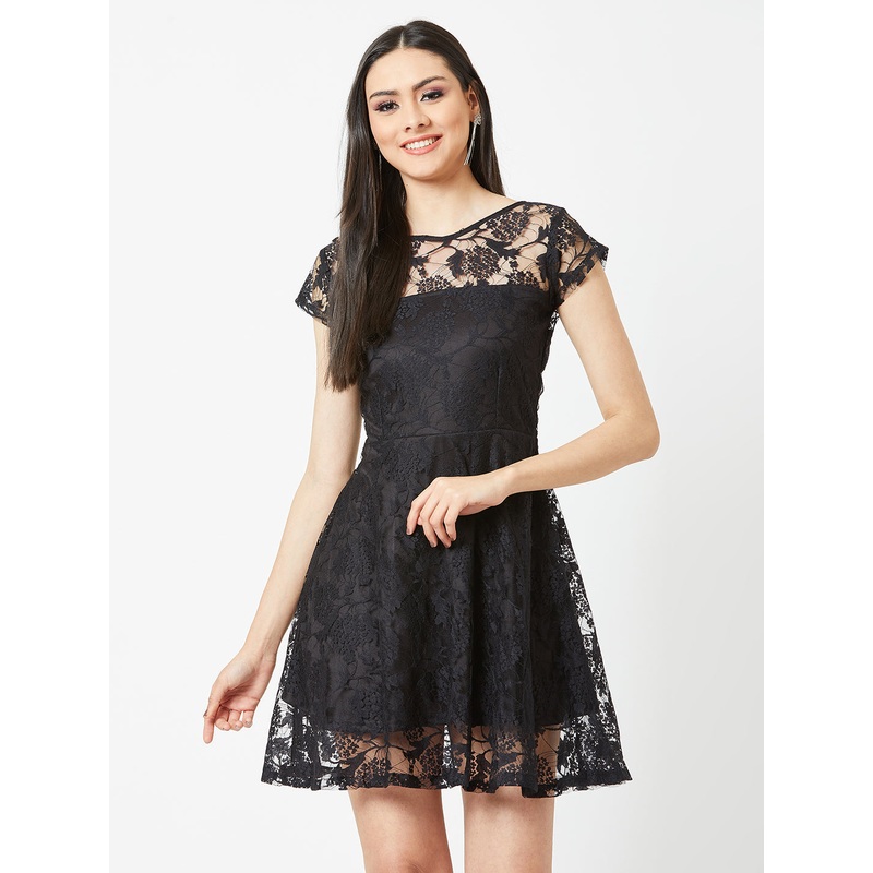Women’s Black Round Neck Cap Sleeves Low Back Lace Skater Dress XXS Black