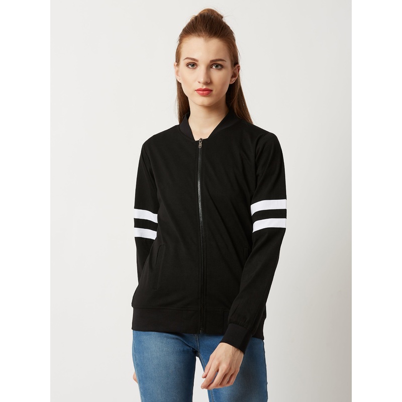 Women’s Black Round Neck Full Sleeve Cotton Solid Stripe Detailing Bomber Jacket XS Black