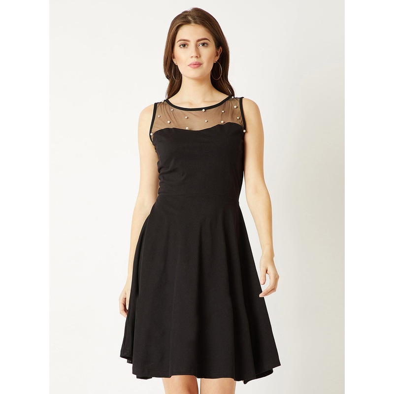 Women’s Black Round Neck Sleeveless Cotton Solid Sheer And Pearl Detailing Mini Skater Dress XS Black