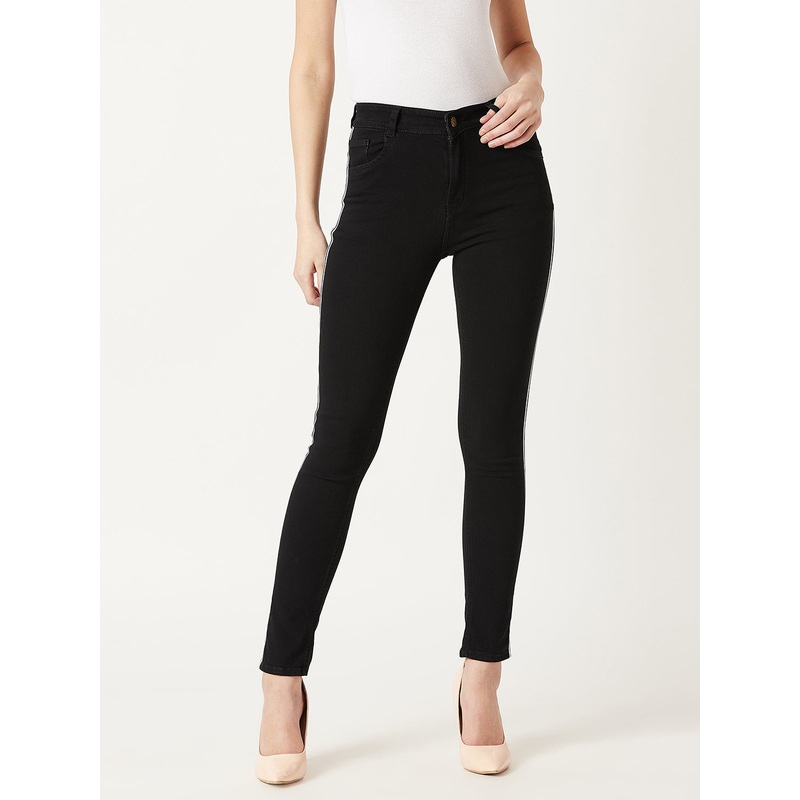 Women’s Black Slim-Fit Mid-Rise Twill Tape Detailing Clean-Look Acid Wash Crop Length Stretchable Denim Jeans 26 Black