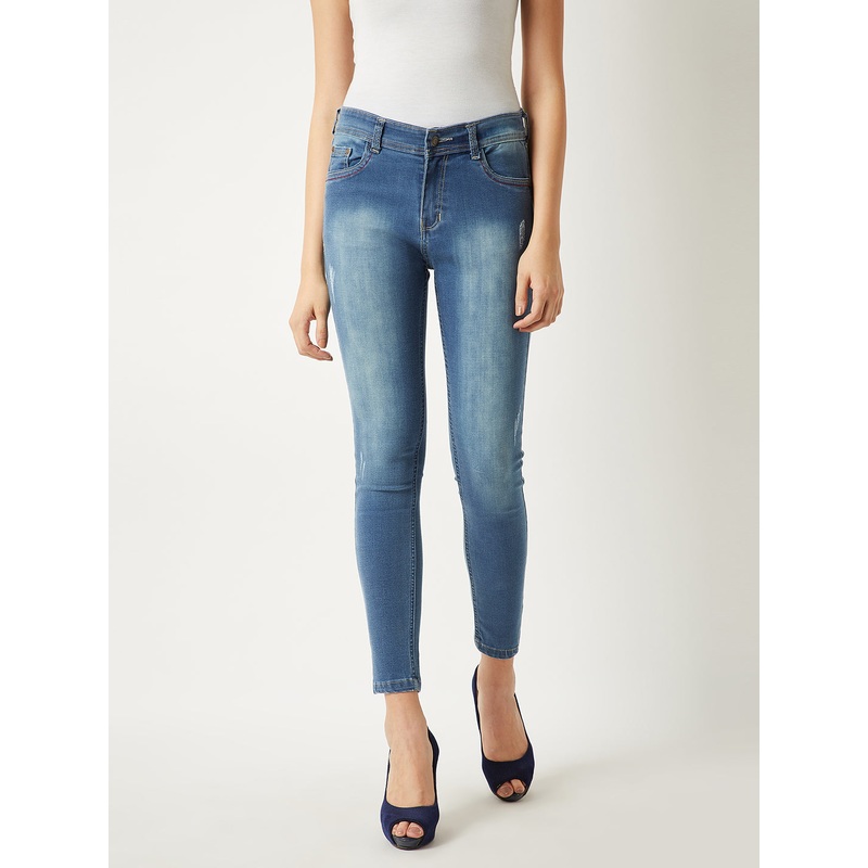 Women’s Blue Skinny-Fit High-Rise Twill Tape Detailing Scraped Stretchable Denim Jeans 26 Blue