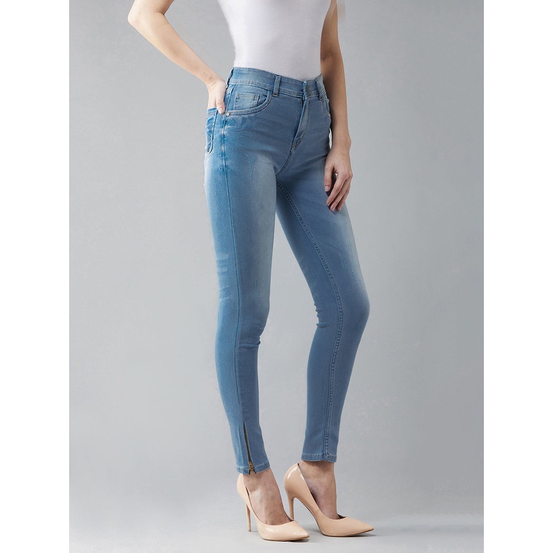 Women’s Blue Skinny-Fit High-Rise Zipper Detailing Scraped Stretchable Denim Jeans 26 Blue