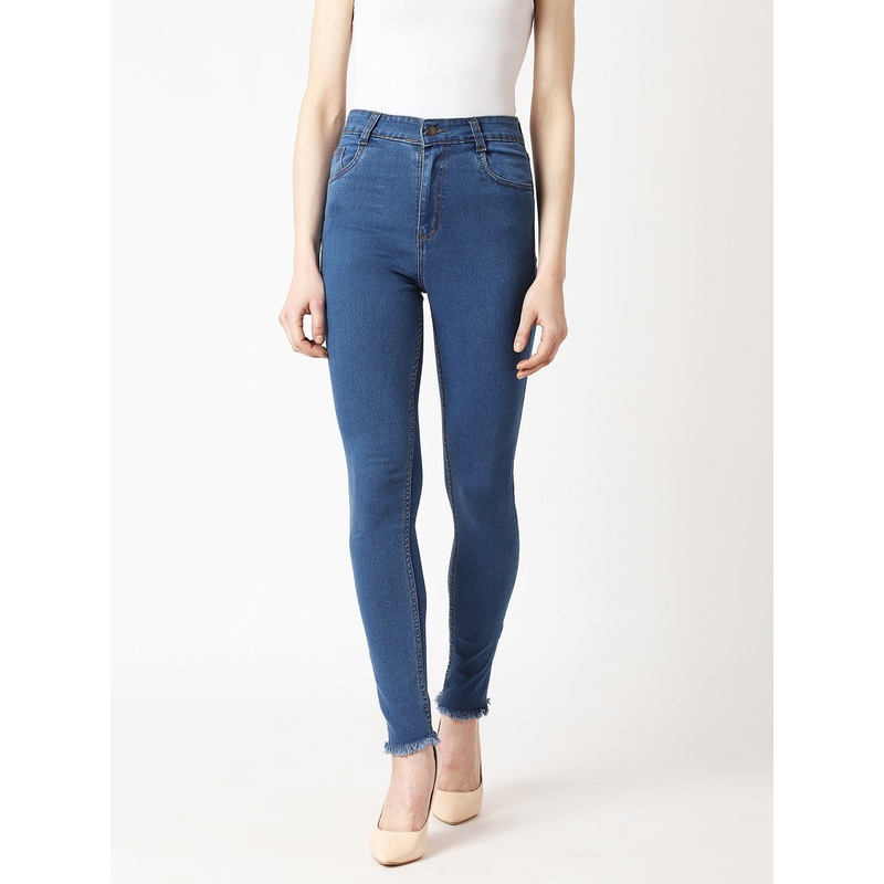 Women’s Blue Skinny High-Rise Clean-Look Fringe And Side Zipper Detailing Cropped Denim Jeans 26 Blue