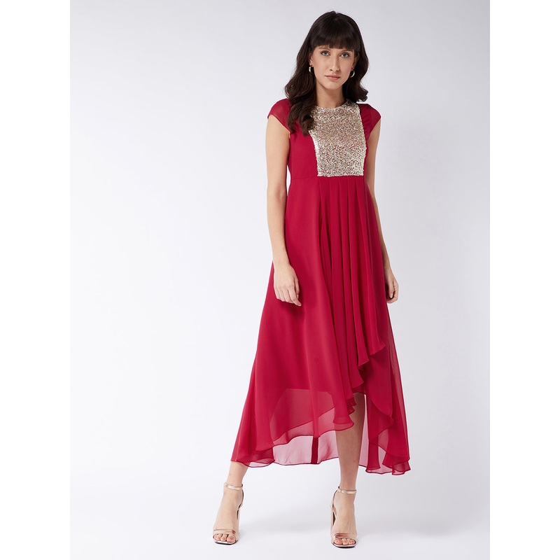 Women’s Dark Pink Round neck Cap Sleeve Sequined Party Maxi Dress XS Dark Pink