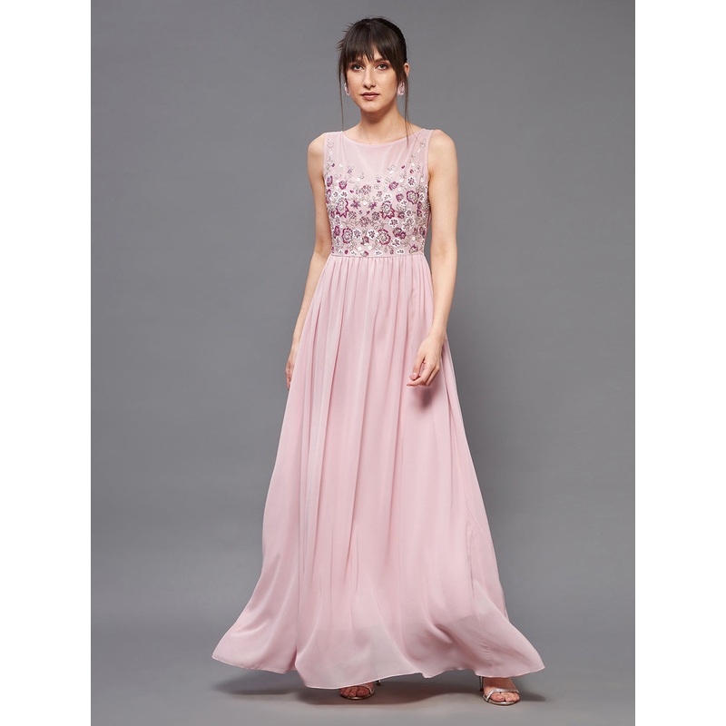 Women’s Dusty Pink Boat Neck Sleeveless Embellished Gathered Regular Dress XS Pink