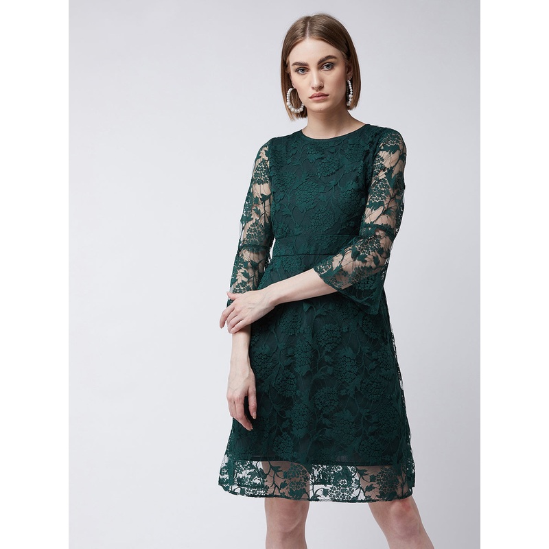 Women’s Forest Green Round Neck 3/4 Sleeves Floral A-Line Knee-Length Dress XS Green