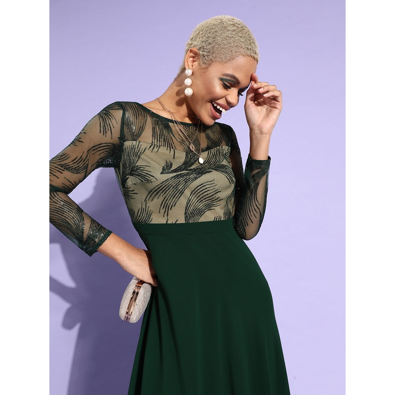 Women’s Green & Beige Solid Embellished Maxi Dress XS Green