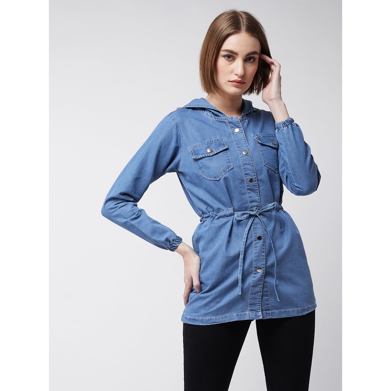 Women’s Light Blue Round Neck Full Sleeve Solid hoody with tie-up Long Denim Jacket XS Light Blue