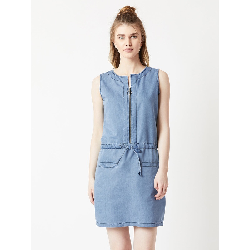 Women’s Light Blue Round Neck Sleeveless Denim Solid Mini Shift Dress XS Light Blue