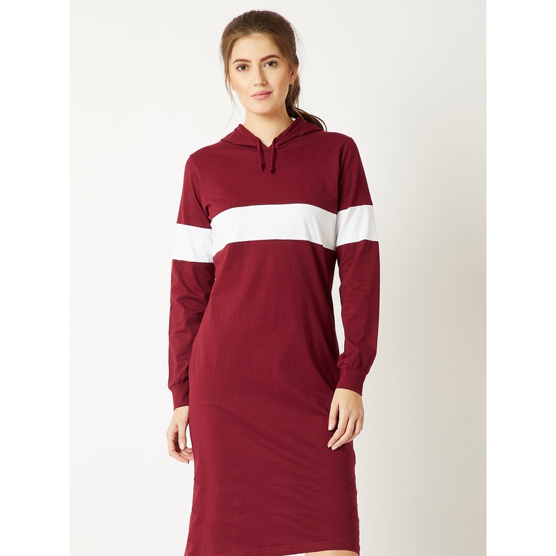 Women’s Maroon And White Round Neck Full Sleeve Cotton Solid Hooded Knee-Long T-Shirt Dress XS Maroon And White