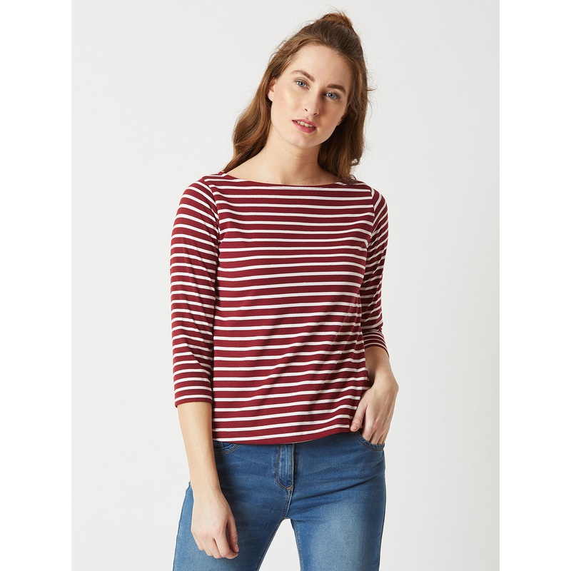 Women’s Maroon & White Boat Neck 3/4 Sleeve Cotton Striped Top XS Multicolor