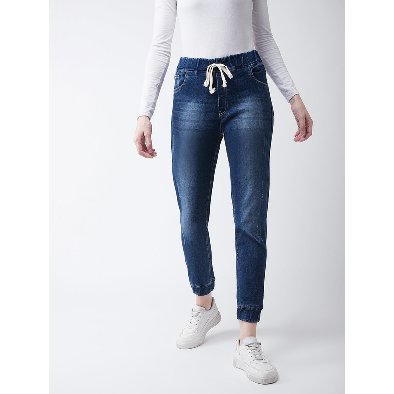 Women’s Navy Blue Relaxed Fit Mid Rise Regular Length Scraped Denim Stretchable Jogger Pants 26 Navy Blue