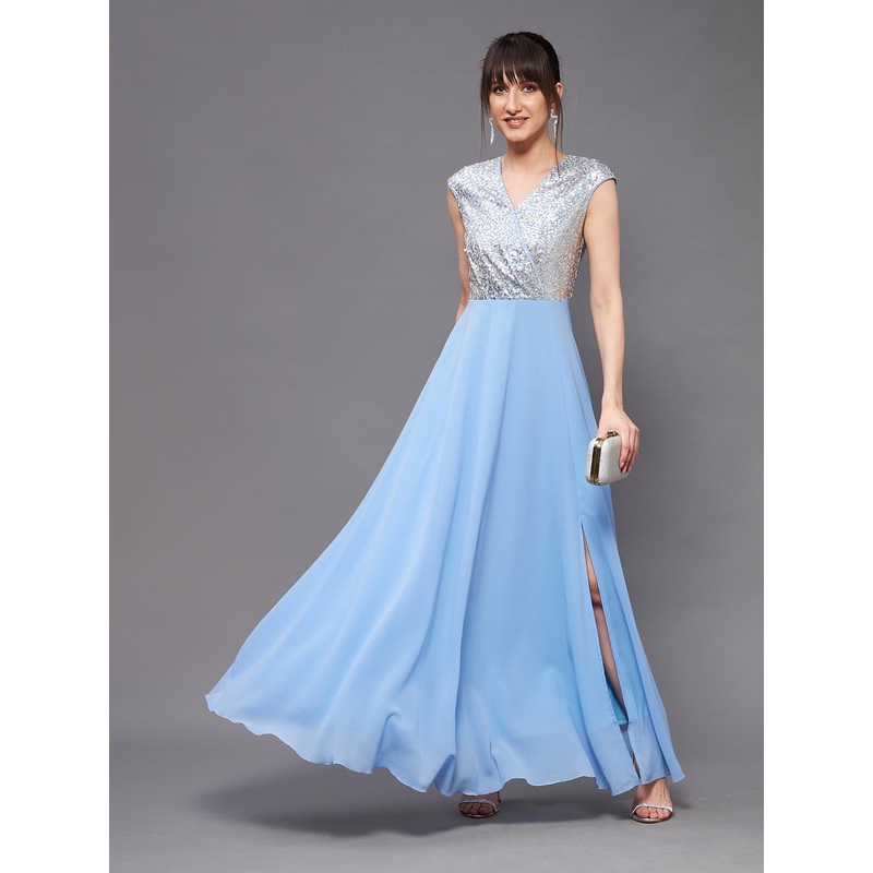 Women’s Sky Blue & Gold V-Neck Sleeveless Embellished Wrap Maxi Dress XS Blue